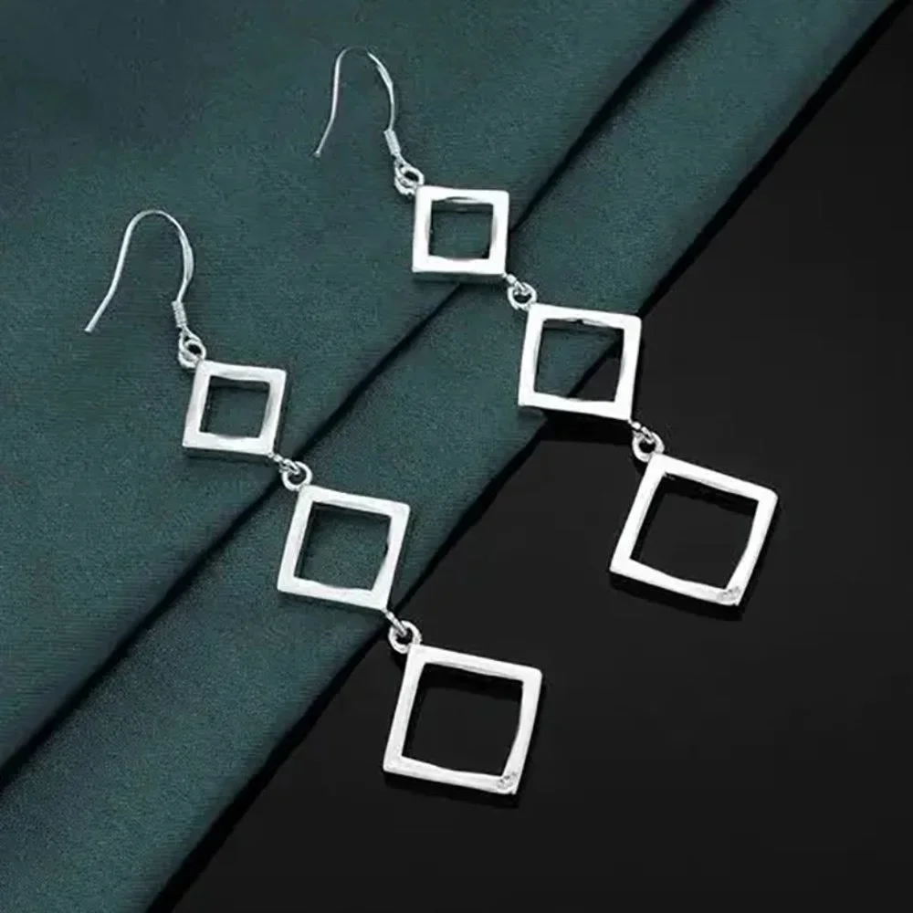 Gorgeous Hypoallergenic Hanging Squares 925 Sterling Silver 3 Inch Long Earrings - Picture 6 of 6